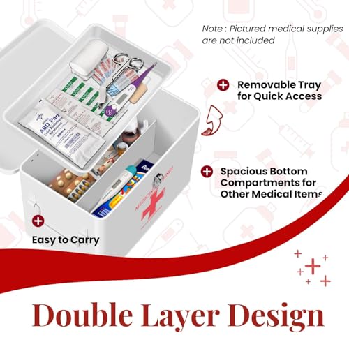Image of Flexzion First Aid Box Organizer Empty with Lock - 13 inch White Vintage First Aid Kit Tin Metal Medical Box - First Aid Storage Bin Container with Dividers, Removable Tray and Red Cross Logo