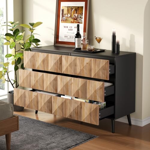 vutizal Cassettiera 120 cm con 6 cassetti, credenza in stile industriale con struttura in metallo, effetto legno nero, per camera da letto, soggiorno e corridoio