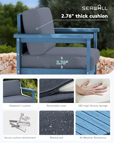Image of SERWALL 8 Pieces HDPE Outdoor Conversation Sofa Set with Cushion, All Weather Couch Loveseat Furniture Set with Pads, Outdoor Social Sofa Coffee Table Set, Blue Frame with Grey Cushions