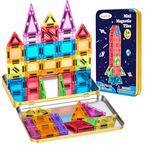 LeagoEra Mini Blocs Magnétiques Set de Voyage 48 Pièces Tuiles Magnétiques avec boîte Métallique Construction Magnetique Enfant Jouet Magnétique pour...