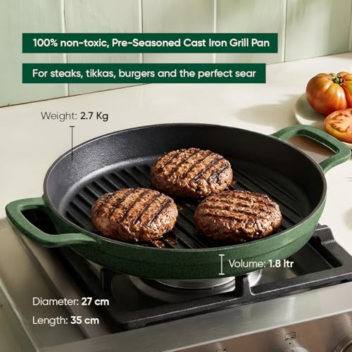 Image of Ember Cookware Pre-Seasoned Cast Iron Grill Pan 26 cm | 10-Year Warranty | Heavy Duty Induction Cookware | Cast Iron Cookware | Non-Toxic Tandoor Grill Pan for Kebab, Vegetables & Sandwich | Green
