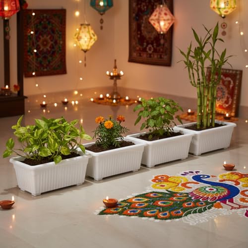 Image of Go Hooked Rectangular Plastic Pots for Plants, Jupiter Flower Pots for Home, Window Display, Garden (Set of 4, White) (35 x 18.5 x 15 cm)