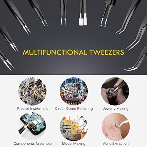 PIXNOR Precision Tweezers Set - 10 PCS ESD Tweezer Set, Anti-Static Stainless Steel Tweezers Kit Curved Tweezers for Craft, Jewelry, Electronics, Laboratory Work - Thumbnail 5
