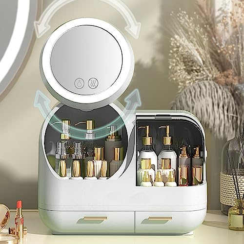 Miniatura 2 de HURRISE Estuche de maquillaje con ventilador de espejo, organizador de maquillaje portátil con espejo y luz LED, vitrina de almacenamiento de