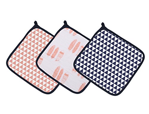 Image of Bacati - Tribal /Aztec Cotton Muslin Fabric Hooded Towels /Wash Cloths(Set of 3) (Set of 3 Wash Cloths, Feathers /Triangles Coral /Navy)