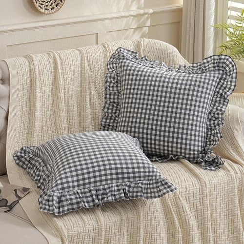 2 Pack Grey/White Plaid Ruffled Throw Pillow Sham 20 x20 inches, Washed Cotton Vintage Farmhouse Decorative Gingham Pillow Cover for Sofa/Living Room