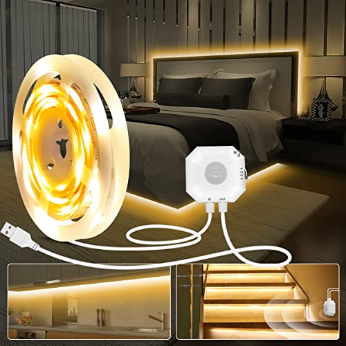 Daymeet Motion Sensor LED Strip Lights 5M Motion Activated Under Bed Lights Night Lights Indoor 3000K Cupboard Kitchen Lighting Under Cabinet Light for Stair Hallway Bedroom (Warm White) NO APP