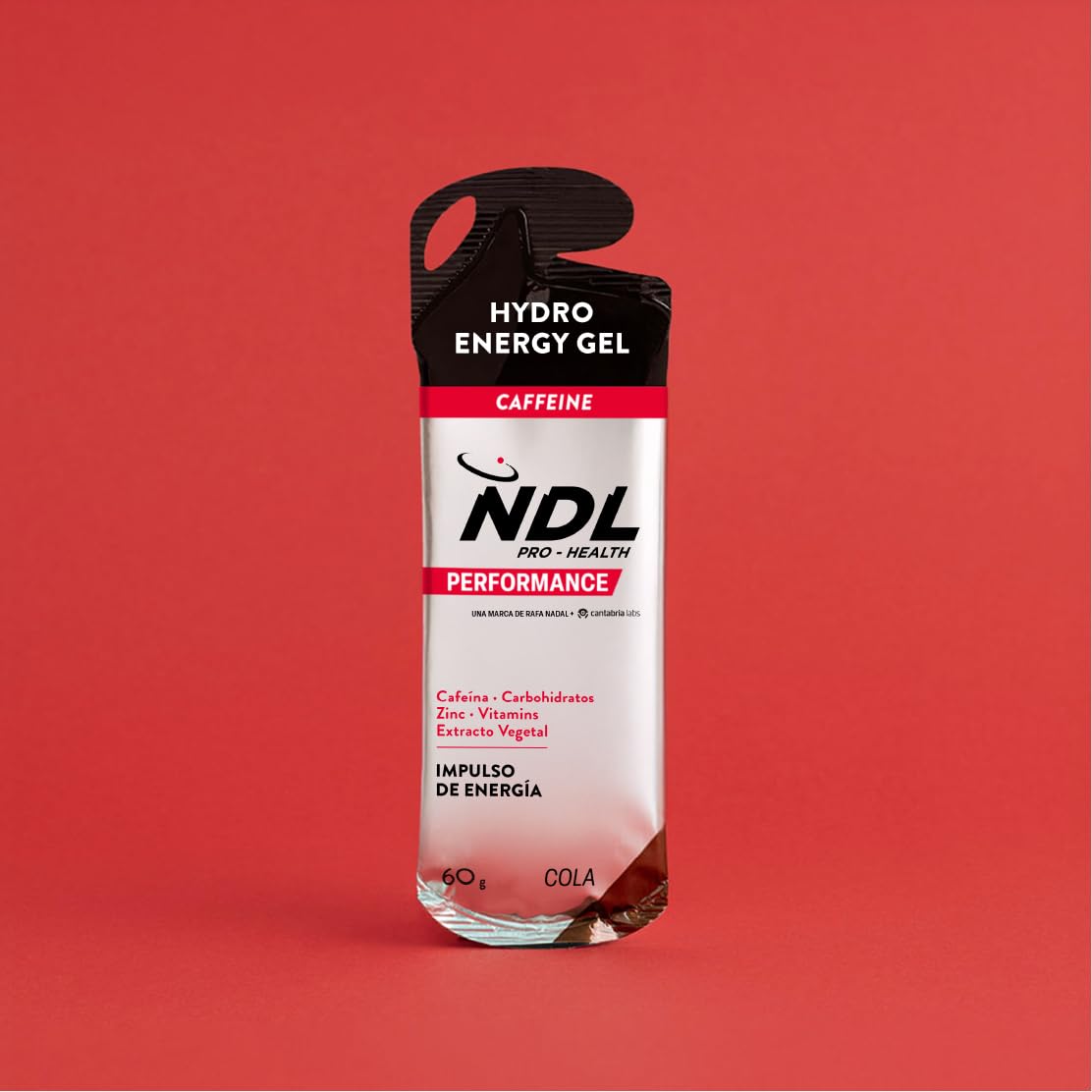 NDL Pro-Health Hydro energy gel | Gel energético para deportistas con carbohidratos y sales minerales | Bajo en azúcar y con cafeína | Aporte energético inmediato | Apertura fácil | COLA | 12x60G