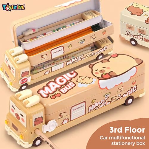 Image of Toyshine Cute Cartoon School Bus Shape Pencil Box with Moving Tyres | Stationery Storage Case | Multipurpose Pencil Pen Box for School Students Birthday Return Gift Party Favor for Kids - Brown
