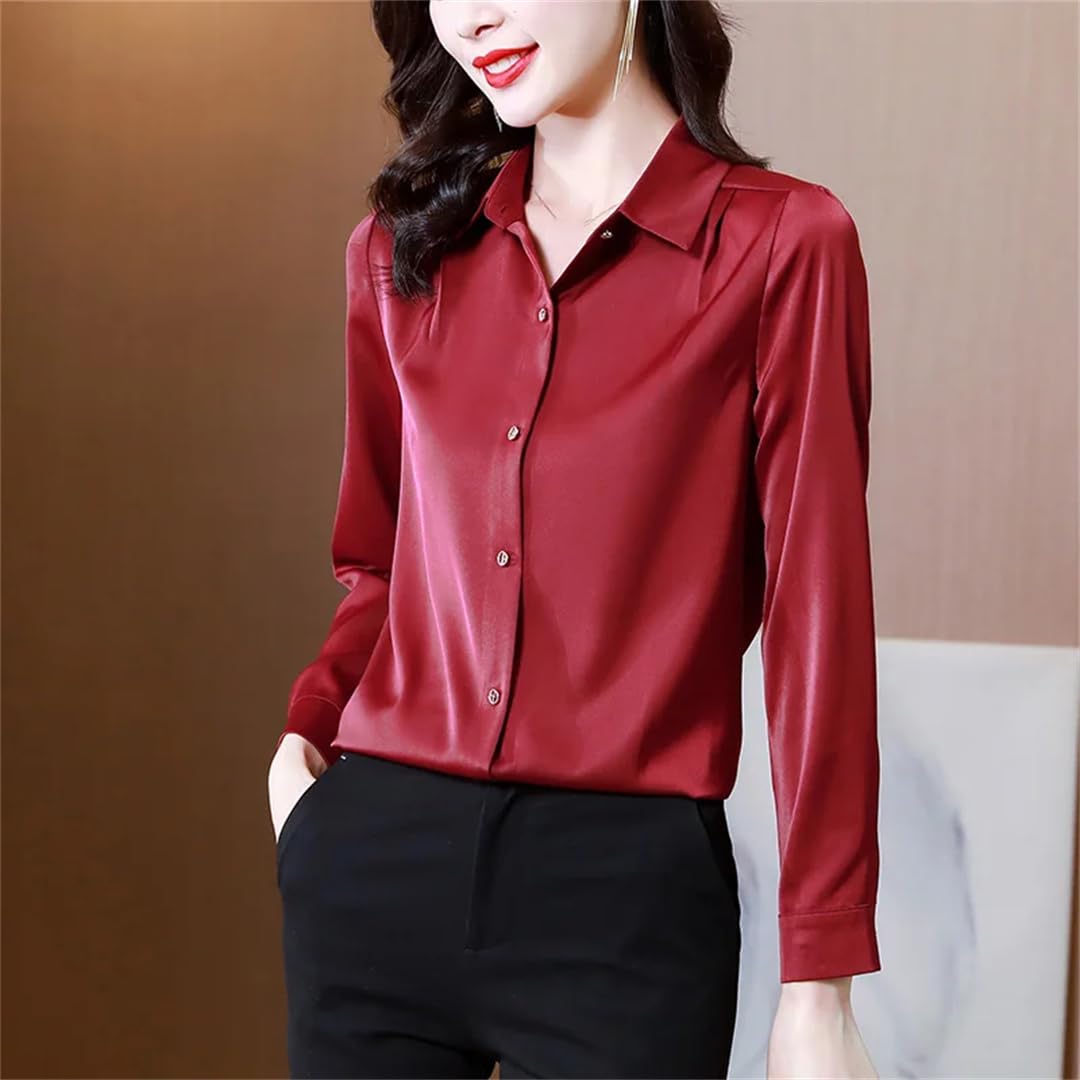 Camisa de seda para mujer, vintage, sólida, para mujer, con botones de metal, manga larga, camisas básicas para mujer
