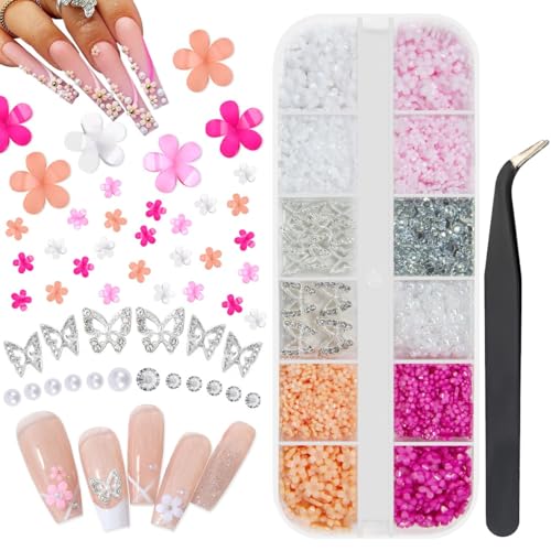 qiipii Acrylic Flower Nail Charms Chunky Silver Butterfly Charms 3D Nail DecorKit White Pink Rose Red Champagne Resin Flower Nail Art Pearls Rhinestones Diamonds Gems Jewels for Nails Face Eyes Makeup
