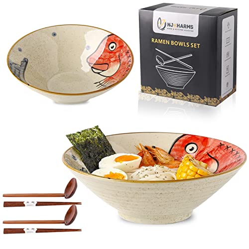 Japanische Ramen-Schüssel-Set, 2 Stück, große Keramik-Ramenschale mit Essstäbchen und Löffel, tiefe Suppenschüssel für Pho Udon Nudeln, 1,1 l, roter Fisch Cover