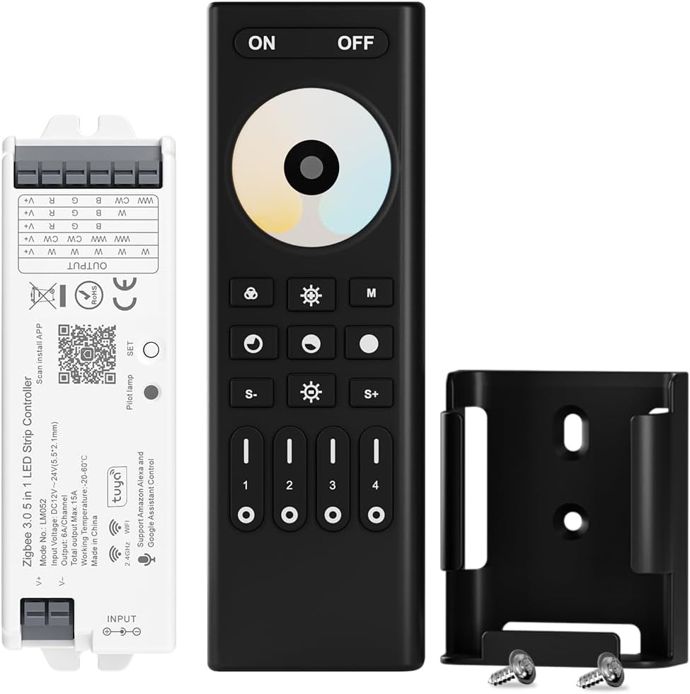 BTF-LIGHTING CCT Dual White RC02RFB RF Remote 4 Zones Group Control,LM052 Zigbee 3.0 LED Controller Compatible with Echo Plus Echo(4th Gen) Philip H-UE Home-kit Gateway