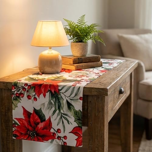 Image of 135 cm Dining Table Runner - Red Flower Chritmas Magic Theme,Digital Print, Washable, Indoor /Outdoor, Heat-Proof, Wipe & Clean (135X33 cm) Red & Green