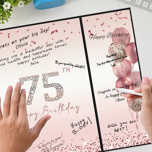 Image of DARUNAXY Rose Gold 75th Birthday Party Decorations for Women, Happy 75th Birthday Alternative Signature Guest Book Black Pink 75 Birthday Signing Card Board Party Supplies Cheers to 75 Years Old Gift