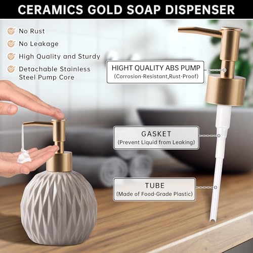 Ceramics Gold Soap Dispenser for Bathroom, Relief Soap Dispenser for Kitchen Sink, 400ml/13.5Oz Refillable Liquid Hand Soap Bottle with Gold Pump (Khaki).3