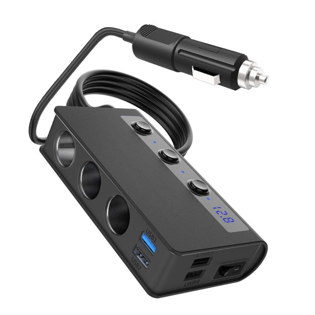 SUPVOX Caricatore da Auto 180w 3 Prese Accendisigari e 4 Porte Usb, Interruttore Indipendente, Indicatore Led, per Telefono e Auto