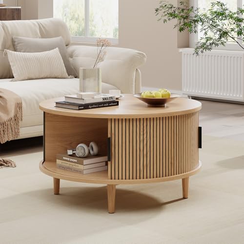 Image of Round Coffee Table with Storage, Mid Century Modern Coffee Table, Fluted Dining Table with Sliding Door, Circle Coffee Table for Living Room Home Office, 31.5 inch, Oak