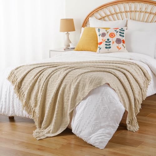 Image of BATTILO HOME Beige Throw Blanket for Couch, Knitted Beige Throw for Bed, Neutral Throw Blankets Tan Throw Blanket for Room Decor Housewarming Gifts, 50 inch x 60 inch