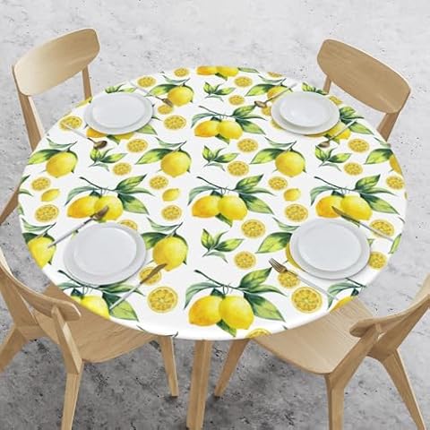 WOAIDY Elastic Edged Round Lemon Fitted Table Cloth Cover, Home Decorative Tablecloth for Indoor Outdoor Kitchen Party, Fits 45" - 50" Tables, Medium Cover