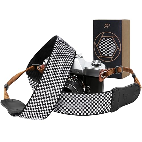 Image of Padwa Lifestyle Black and White Fine Plaid Camera Strap - 2 inch Wide Cowhide Head Cotton Strap,Vintage Check Weave Neck Shoulder & Crossbody Camera Straps for Photographers Gift and All DSLR Cameras
