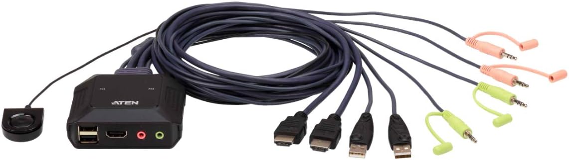 ATEN 2-Port USB 4K HDMI Cable KVM Switch with Remote Port Selector CS22H (up to 4096 x 2160 @ 60Hz, HDCP 2.2) For Windows, Mac, Linux - One KVM console controls two USB HDMI computers