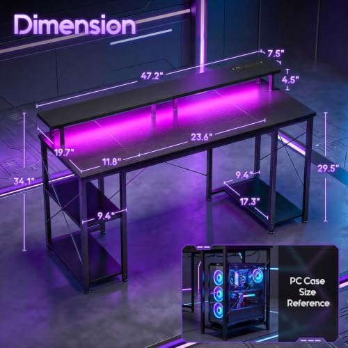 Image of ODK 48 inch Gaming Desk with LED Lights, Computer Desk with Monitor Stand & Storage Shelves, CPU Stand, Home Office Desk, Black