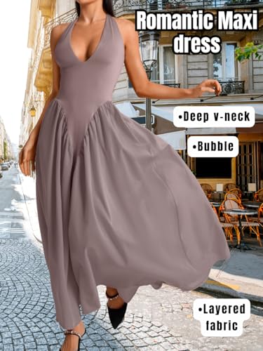 Image of ChiaoLezhee Deep V Neck Dress, Halter Maxi Dresses, Vacation Date Night, Sexy for Women Corset Flowy Wedding Guest Drop Waist
