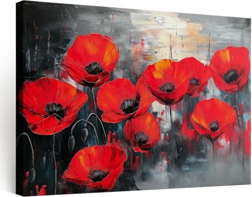 Tableau decoration murale coquelicot rouge en bois peinture sur toile 100x70 cm