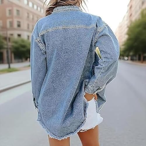 Expectatioin Women's Casual Denim Button down Distressed Jacket - 2025 Fall Fashion Trends with Oversized Frayed Hem Design4