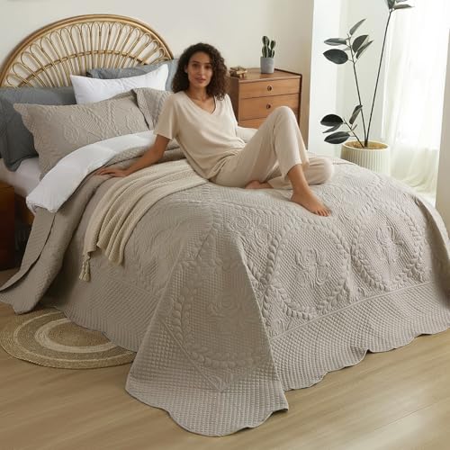 Image of EVENHUG Oversized King Bedspreads California King Quilt Set with Pillow Shams Extra Wide Large King Size Quilts Lightweight Coverlet Bedding Sets Taupe 120 inchx128 inch