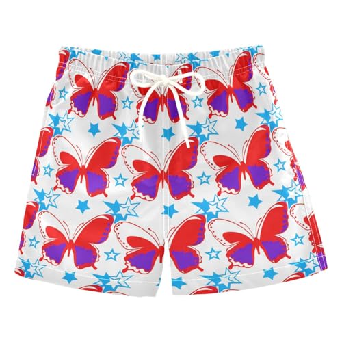 YANENDIE Boy Swim Trunks Red Butterflies Stars Summer Beach Quick Dry Swimsuit Bathing Suit, 2-8T