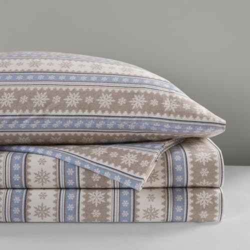 Image of Woolrich Cotton Sheet Set Cottage Charms Print, 100% Cotton Flannel Sheets Warm & Fuzzy Bedding Set King Size Sheets, Fitted Pocket Fits Up to 14 inch Mattress, King Blue Snowflake, 4 Piece