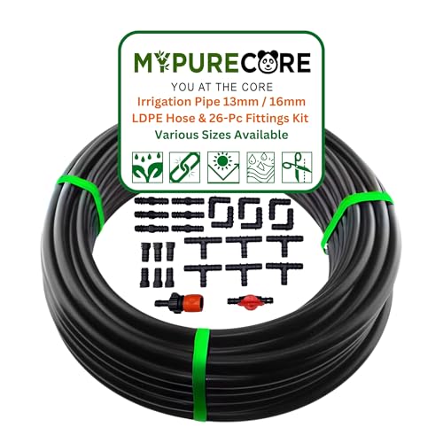 MYPURECORE Irrigation Pipe 13mm / 16mm & 26-Pc Fittings Kit LDPE Garden Watering Hose Set Heavy Duty UV Resistant Tubing for Drip System Greenhouse Plant Irrigation Easy DIY Install (10m)