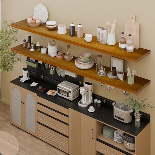 Image of IAE Walnut Floating Wall Shelves 72 inch, Bathroom Shelf Wall Mounted,Invisible Shelf Floating Kitchen Shelving,Wooden Wall Shelves with Brackets for Living Room Wall Mounted,Easy Install,Set of 2