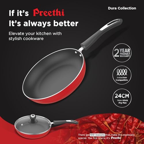 Image of Preethi Dura Collection Non Stick Fry Pan, 24 cm, with Glass Lid, Gas & Induction Compatible, 5 Star Non Stick Effect, Chilly Red