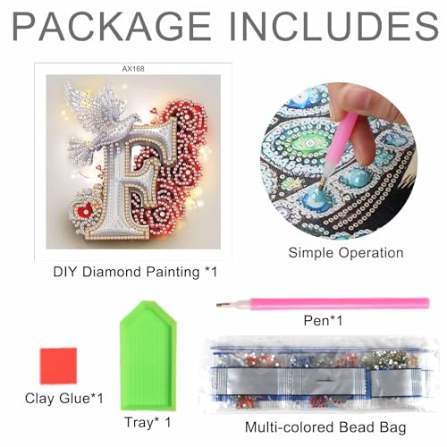 Image of AiYuanzsh 5D Diamond Art Kits for Adults Letter F, Floral Rose & Dove Themed Crystal Rhinestones Diamond Painting, DIY Luxury Initial Diamond Art for Romantic Wall Decor 17x17cm