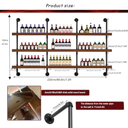 Image of 86.6in Large Wine Rack with LED Light Solid Wood Wall Mounted Wine Rack, 3-Tiers Liquor Bottles Floating Shelves Display Storage Organizer for Home Bar & Dining Room (220cm /86.6in)