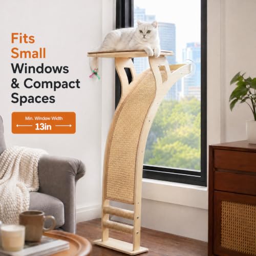 Image of Cat Window Perch with Scratcher Ramp, 48 inch Climbing Tree Suctions Cups to Window Maximum Hold Up to 45lb, Wood Kitty Bed for Small Window (Drilling-Free)