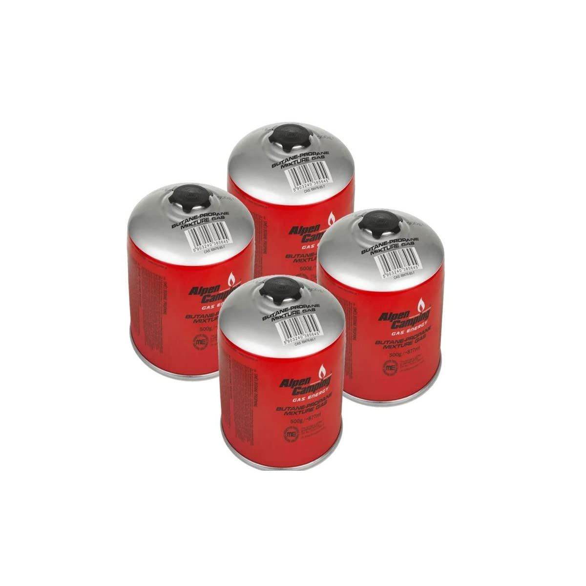 ALPEN Pack de 4 Cartouches de Gaz 500g | Valve Filetée 7/16 | Butane/Propane MIX | Gaz Camping Bivouac Randonnée pour Réchaud, Lampe et Chauffage Mobile EN417