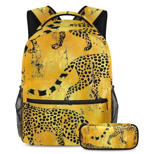 Cartable guépard doré contre le mal de dos, ensemble 2 pièces grande capacité pour collégiens