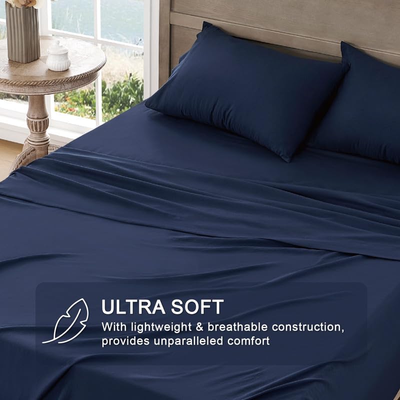 Image of FreshCulture Full Sheet Set - Ultra Soft Sheets Full Size Bed - Brushed Microfiber - Deep Pockets - Easy Care - Cooling & Breathable Sheets - 4 Pieces Hotel Luxury Full Size Bed Sheets (Navy Blue)
