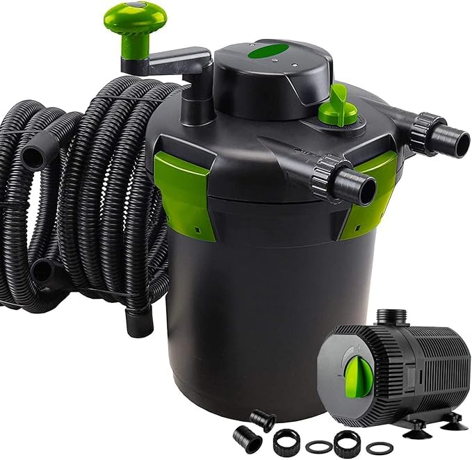 PondHero Turn2Clean Pond Pump and Pond Filter Sets | Includes UVC | Hose and Clips (12000 Filter 13W UV & 6200LPH Pump), Black