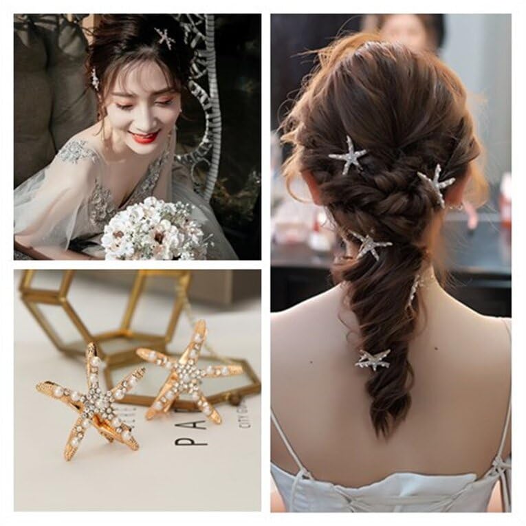 3Pcs Starfish Hair Clips, Gold Rhinestone Pearls Hair Pins, Sea Star Hair Barrettes, Mermaid Accessories - Image 3