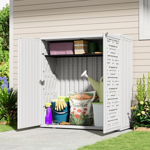 Image of KINYING Outdoor Storage Cabinet Waterproof, Resin 62 Gallon Deck Box for Patio Furniture Cushions, Garden Tools, Pool Tools and Kids' Toys (Off White with 1 Shelving)
