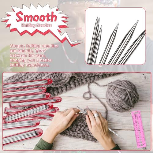 Image of Coopay 55pcs Double Pointed Knitting Needles Set, 2.0mm-6.5mm, Sock Knitting Needles, 20cm Metal DPN Shorties Knitting Needle for Socks Gloves Hats, Double Pointed Needles with Knitting Needle Gauge