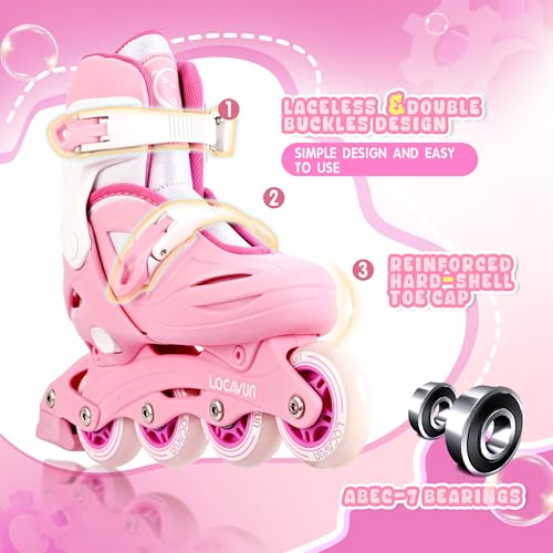 LOCAVUN Inline Skates for Girls and Kids, Roller Skates Blades with 4 Size Adjustable Light up Wheels for Kids Girls Beginner Ages 4-8 5-8 6-12 8-12 Indoor Outdoor(Pink, Small - (US 9C-12C))