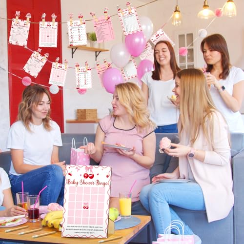 Image of Patelai 321 Cherry Baby Shower Decorations Games Supplies Pink She's The Cherry on Top Baby Shower Games Themed Don't Say Sign for Cherries Themed Gender Reveal Birthday Party Decorations Supplies