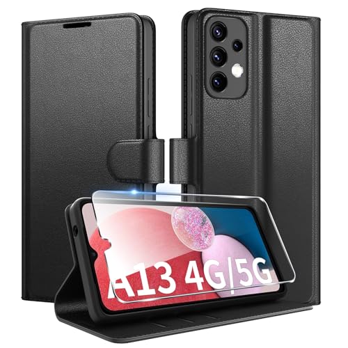Coiwxmoi für Samsung Galaxy A13 4G/5G A04S Hülle Mit 1 Stück Panzer Schutz Glas Wallet Premium PU Leder Handyhülle Standfunktion Schutzhülle Kartenfach Stoßfeste Klapphülle Flip Case Cover Schwarz