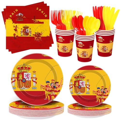 FoldTier 350 Pcs Spain Flag Party Supplies Disposable Spanish Flag Paper Plates and Napkins Spanish National Day Tableware for Country Decoration Patriotic Festival Party Supplies Serves 50